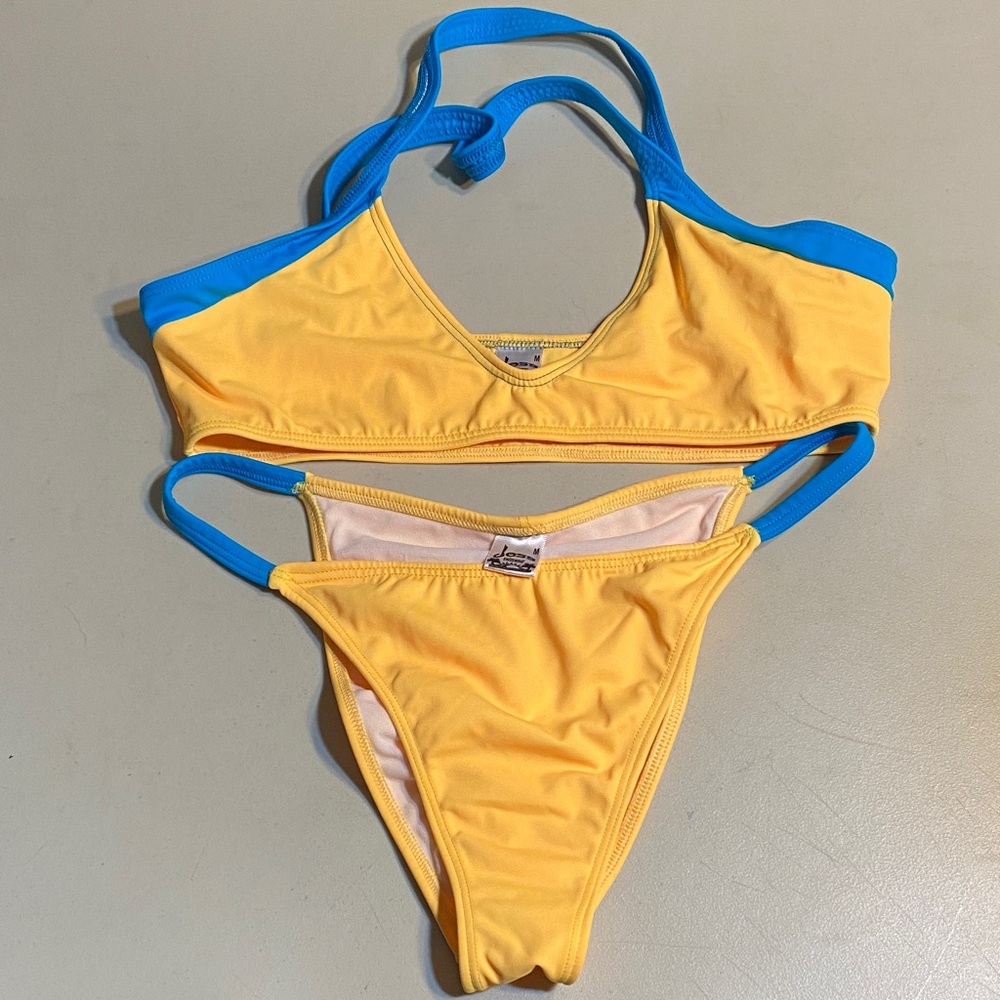 Yellow and Blue Contrast Two-Piece Bikini - Women Swim